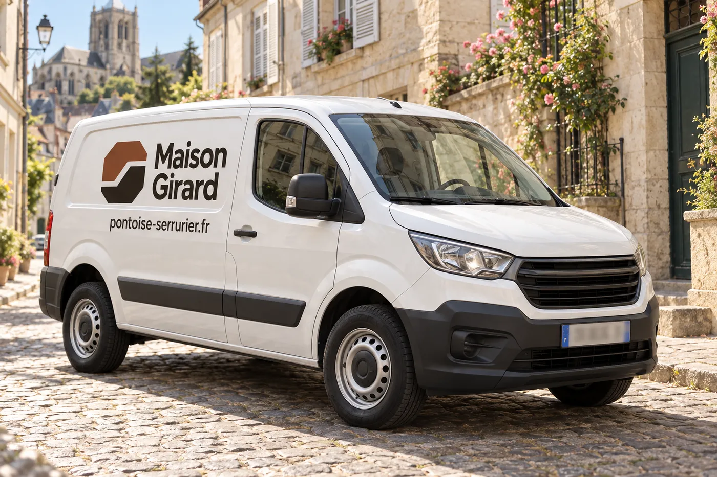Camionnette blanche aux couleurs de Maison Girard, pontoise-serrurier.fr, garée dans une rue pavée du vieux Pontoise
