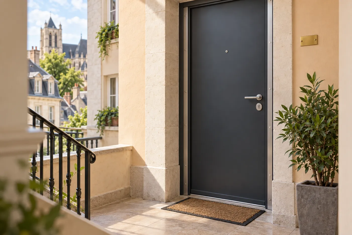 Porte blindée anthracite avec cornières anti-pince sur le palier d'une copropriété de Pontoise