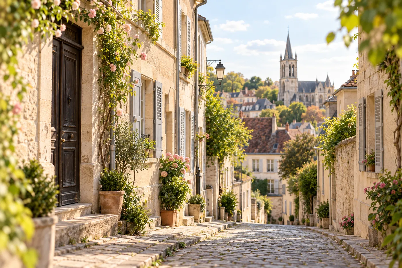 Rue pavée de la ville haute de Pontoise, maisons en pierre et clocher en arrière-plan